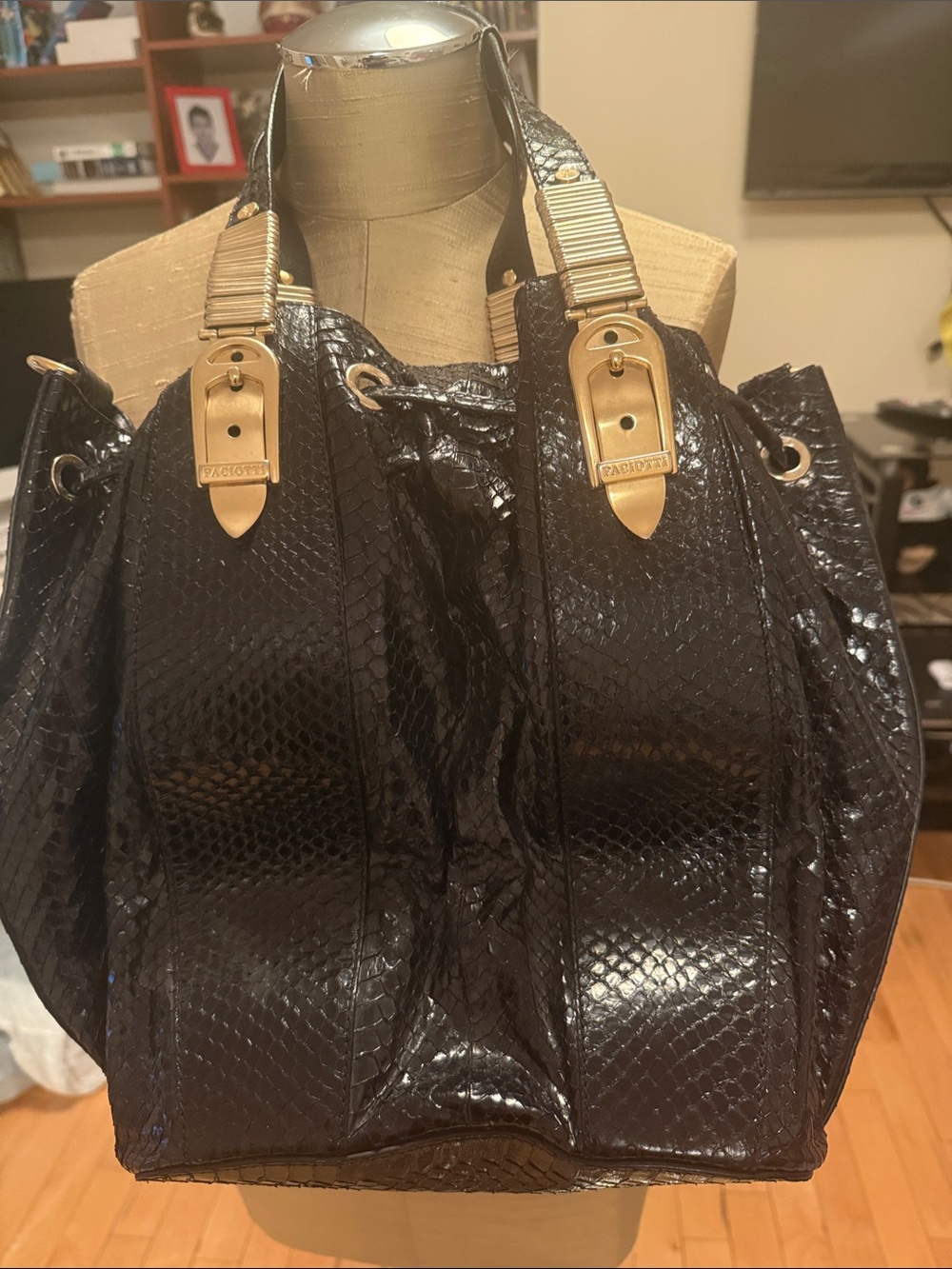 Cesare Paciotti Black Patent Snake-Embossed Tote with Gold Hardware